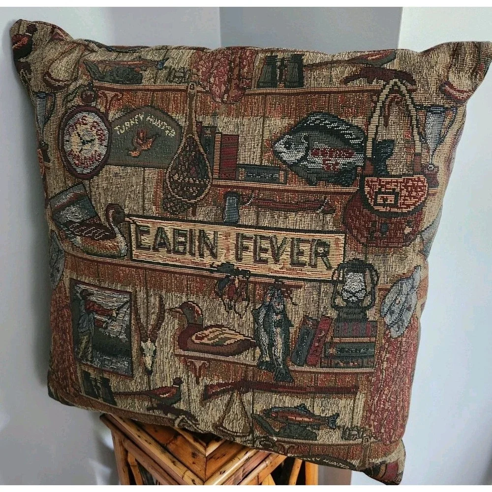Woven Tapestry Cabin Pillow Rustic Lodge Camping Fishing Couch Vacation Home